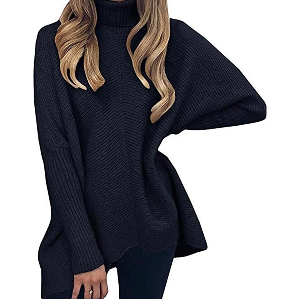 Women’s Black Turtleneck Long Batwing Sweater